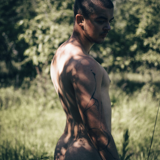 In this portrait photo, teenager Matej is in a meadow. He has a buzzcut and is completely naked. He is standing sideways completely naked in the tall grass and looking down. He has an interesting tattoo along his entire right arm. His body is covered in shadows from the trees. He has a nice athletic body and a big round ass. Tall green trees and a blue sky can be seen in the background. The atmosphere of the photo is completed by the sunny weather.