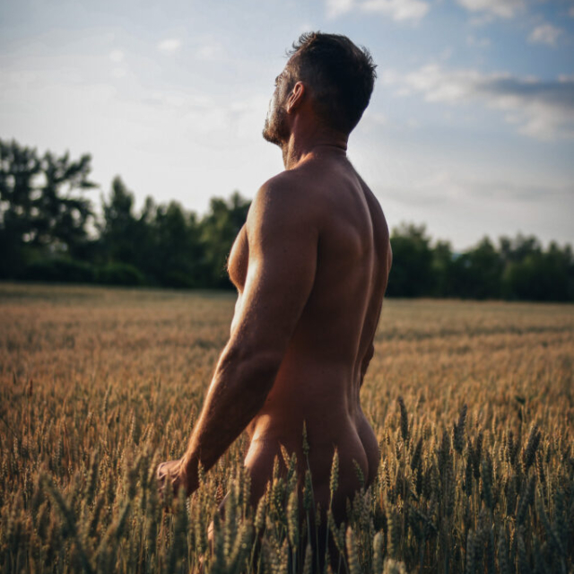 A sensual portrait of a naked man named Pete running through a tall golden wheat field near Zlaté Piesky in Bratislava under a soft overcast sky.